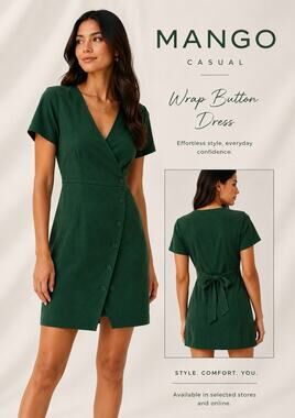 Mango Casual Green Wrap Dress Size S Button Front